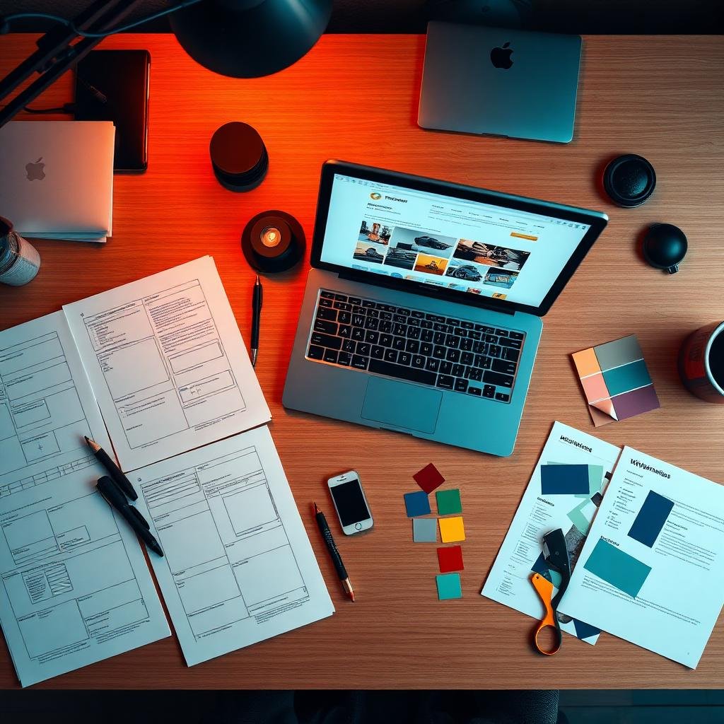 Web design workspace with wireframes, color palette and laptop